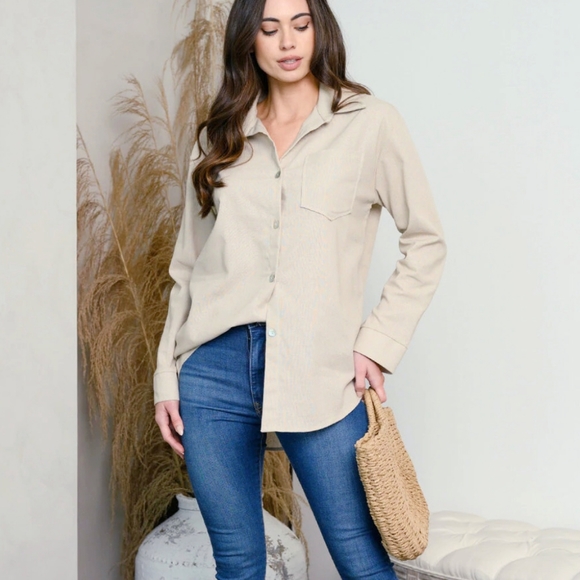 If She Loves Chiv Beige Relaxed Fit Boyfriend Shirt - Picture 4 of 8